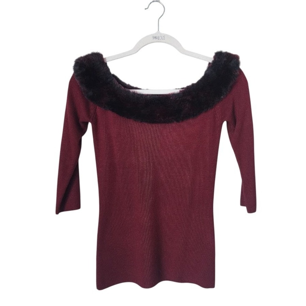 CACHE Y2K Faux Fur off the shoulder top in Bordeaux whimsigoth mcbling size S